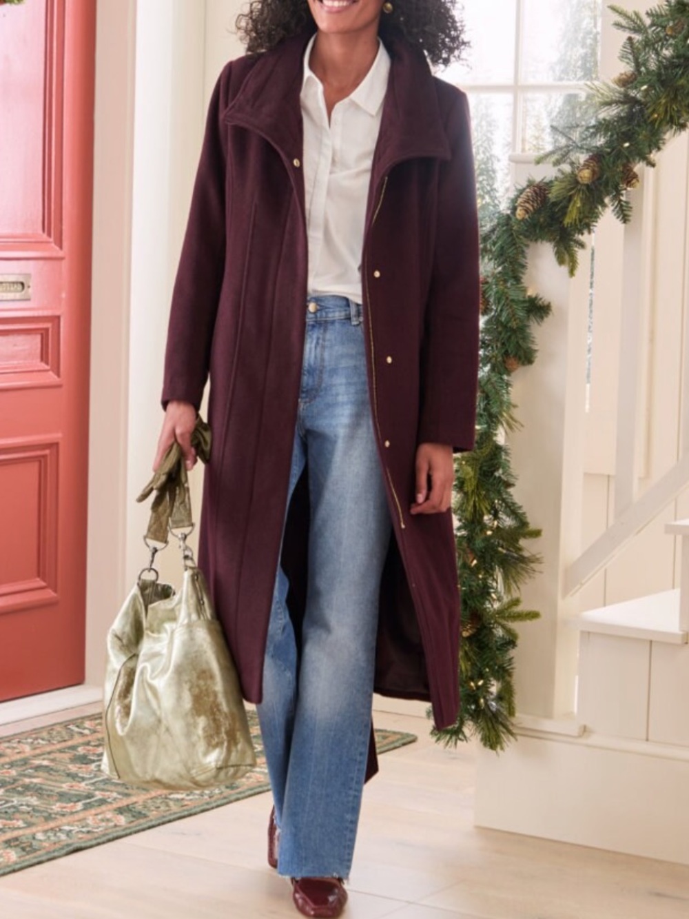 Cole Haan Sz 12 Tie-Waist Wool Trench Coat Dusty Rose pink purple Classic Boho. - Picture 12 of 12